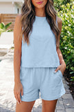 Beige Stitched Detail Loose Tank Top Cotton 2pcs Short Set
