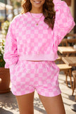 Pink Plaid Checkered Long Sleeve Crop Top Elastic Waist Shorts Two Piece Set