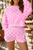 Pink Plaid Checkered Long Sleeve Crop Top Elastic Waist Shorts Two Piece Set