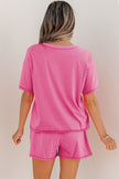 Bright Pink Seam Detail Raw Edge Tee Rainbow Waistband Casual Short Set
