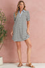 Black Stripe Collared Puff Sleeve Pocketed Mini Dress