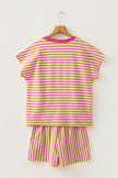 Yellow Stripe Colorblock Trim V Neck Tee Drawstring Elastic Waist Short Set