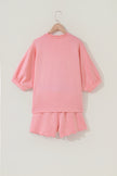 Gossamer Pink Scalloped V Neck Dolman Oversize Top Drawstring Short Set