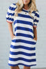 Blue Stripe Contrast Trim Round Neck Short Puff Sleeve Shift Mini Dress