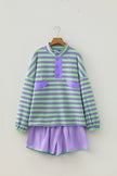 Purple Stripe Half Button Long Sleeve Top Mix and Match Shorts 2pcs Set