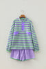 Purple Stripe Half Button Long Sleeve Top Mix and Match Shorts 2pcs Set