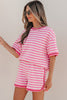 Pink Stripe Contrast Trim Short Sleeve Top Loose Shorts 2pcs Casual Outfit