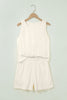 Beige Stitched Detail Loose Tank Top Cotton 2pcs Short Set