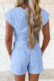 Yellow Cream Solid Short Sleeve Elastic Waist Pocket Casual Two Piece Short Set