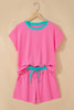 Sachet Pink Soft Ribbed Color Block Trim Casual Short Set