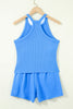 Sky Blue Slim Tank Top Elastic High Waist Shorts 2pcs Outfit