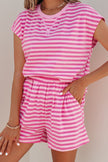Pink Stripe Cap Sleeve Tee Elastic Waist Shorts 2pcs Outfit