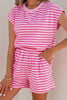 Pink Stripe Cap Sleeve Tee Elastic Waist Shorts 2pcs Outfit
