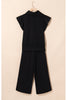 Black Textured Ruffle Sleeve Zipped Top and Wide Leg Pants Set