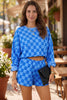 Pink Plaid Checkered Long Sleeve Crop Top Elastic Waist Shorts Two Piece Set