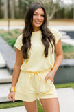 Yellow Cream Solid Color Tee Drawstring Shorts Comfy 2pcs Set