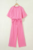 Sachet Pink Lace Patchwork Half Sleeve Top Elastic Waist Pants Two Piece Set