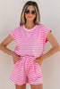 Pink Stripe Cap Sleeve Tee Elastic Waist Shorts 2pcs Outfit