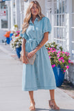 Sail Blue Full Buttons Collared Short Bubble Sleeve Long Denim Dress