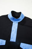 Navy Blue Colorblock Patchwork Half Button Pullover and Shorts Outfit