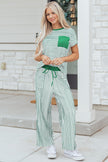 Rose Stripe Crew Neck Tee Drawstring Waist Cropped Pants Set