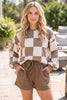 Khaki Checkerboard Plaid Long Sleeve Solid Color Shorts 2pcs Set
