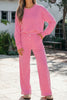 Pink Stripe Drop Shoulder Round Neck Top and Buttoned Straight Pants Two Piece Set