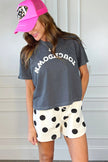 Beige Polka Dot Print Drop Shoulder Pullover Drawstring Shorts Set