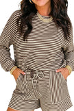 Brown Stripe Textured Knit Long Sleeve Top Elastic Waist Shorts Casual Outfit