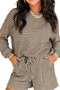 Brown Stripe Textured Knit Long Sleeve Top Elastic Waist Shorts Casual Outfit