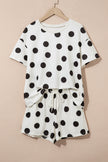 Pink Polka Dot Print Loose Tee Drawstring Elastic Waist Short Set