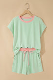 Sachet Pink Soft Ribbed Color Block Trim Casual Short Set