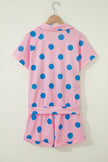 Pink Polka Dot Print V Neck Tee Short Set