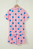 Pink Polka Dot Print V Neck Tee Short Set
