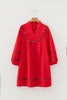 Fiery Red Textured V Neck Leopard Contrasted Trim Long Sleeve Shift Mini Dress
