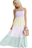 Multicolour Striped Colorblock Adjustable Strap Scalloped Detail Long Dress