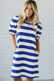 Blue Stripe Contrast Trim Round Neck Short Puff Sleeve Shift Mini Dress
