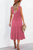 Black Shirred Pleated Square Neck Sleeveless Midi Dress