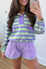 Purple Stripe Half Button Long Sleeve Top Mix and Match Shorts 2pcs Set