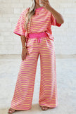 Yellow Stripe Colorblock Trim Crew Neck Loose Tee Drawstring Elastic Waist 2pcs Pant Set