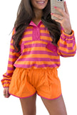 Purple Stripe Half Button Long Sleeve Top Mix and Match Shorts 2pcs Set