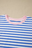 Sky Blue Stripe Contrast Trim Crew Neck Tee Knot Shorts 2pcs Set