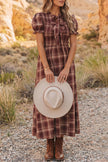 Red Vintage Plaid Knot Front Smocked High Waist Midi Dress