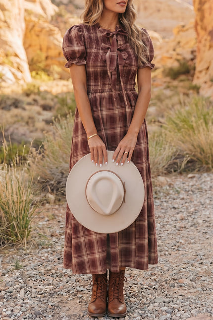 Red Vintage Plaid Knot Front Smocked High Waist Midi Dress