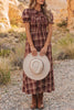 Red Vintage Plaid Knot Front Smocked High Waist Midi Dress