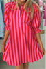Red Stripe Half Button Puff Sleeve Loose Mini Dress