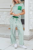 Rose Stripe Crew Neck Tee Drawstring Waist Cropped Pants Set