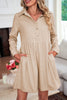 Black Corduroy Half Button Collared Long Sleeve Mini Dress