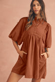 Gold Flame Light Snap Button Empire Waist Lantern Sleeve Corduroy Dress