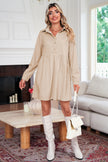 Black Corduroy Half Button Collared Long Sleeve Mini Dress